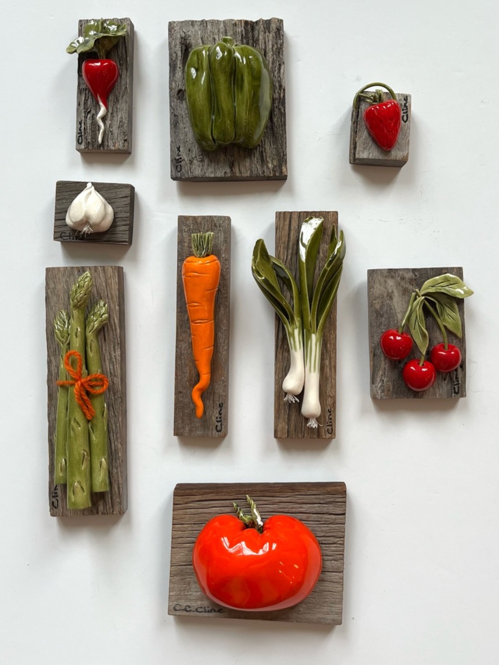 Handmade C. Cline Folk Art Ceramic Vegetable Sculpture In Rustic Wood Planks